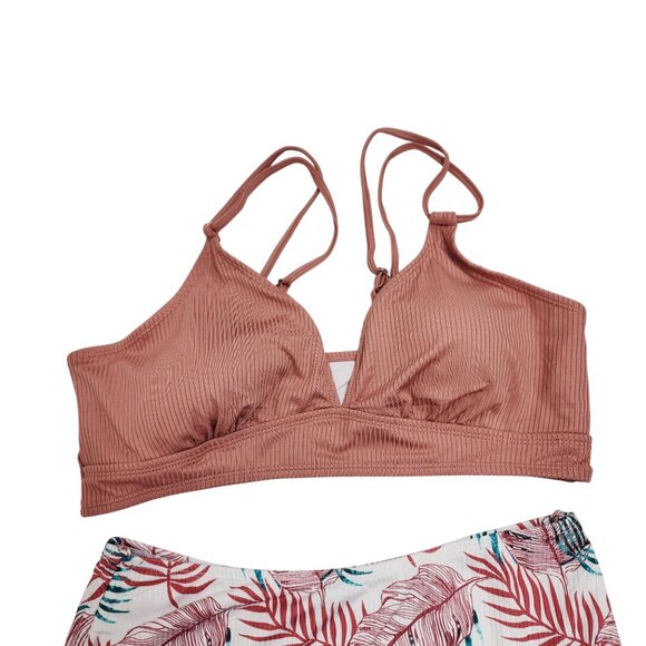 Two-Piece Bikini Set With Tropical Leaf Print & Ribbed Top Size XL Swimsuit - Picture 3 of 5